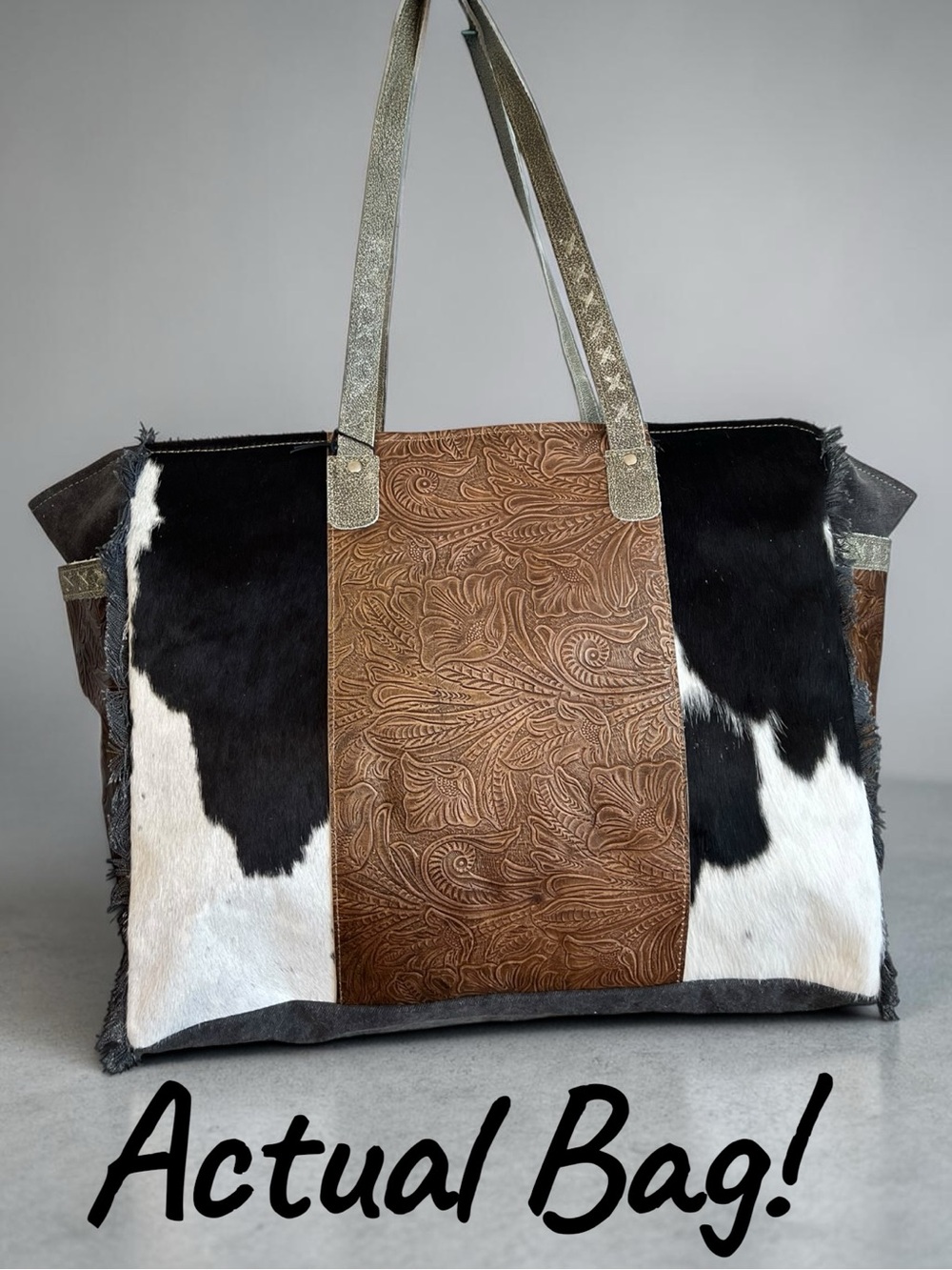 Myra Cowhide Canvas Leather Weekender Bag • Western Boho Travel Duffle • Hair-on